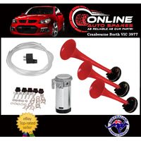 Triple Tone Red Air Horns 3 Trumpets 12v Car 4x4 Boat rod muscle horn