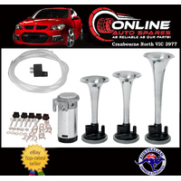 Triple Tone Chrome Air Horns 3 Trumpets 12v Car 4x4 Boat rod muscle horn