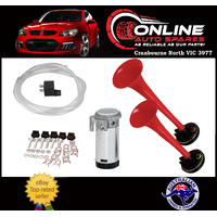 Twin Tone Red Air Horns 2 Trumpets 12v Car 4x4 Boat rod muscle horn