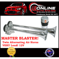 MASTER BLASTER Twin Alternating Chrome Air Horns Car Truck 4WD Ute 12V VERY LOUD